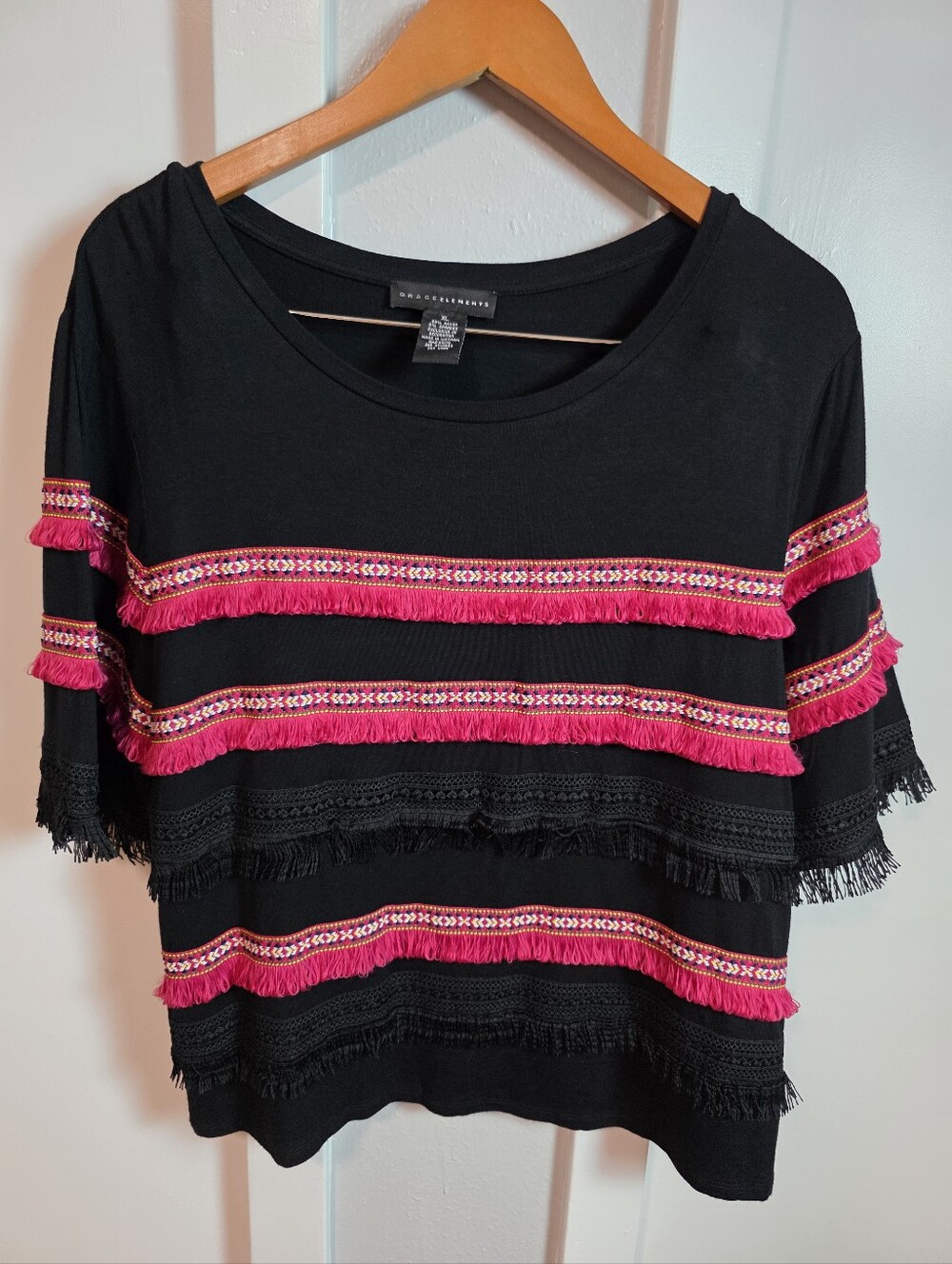 Grace Elements Black Boho Short Sleeve Fringe & Lace Trim Top Size XL